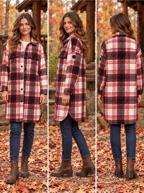 Alpine Design Aerial Trail Long Wool Blend Shacket Red Multi Plaid Coat Size L